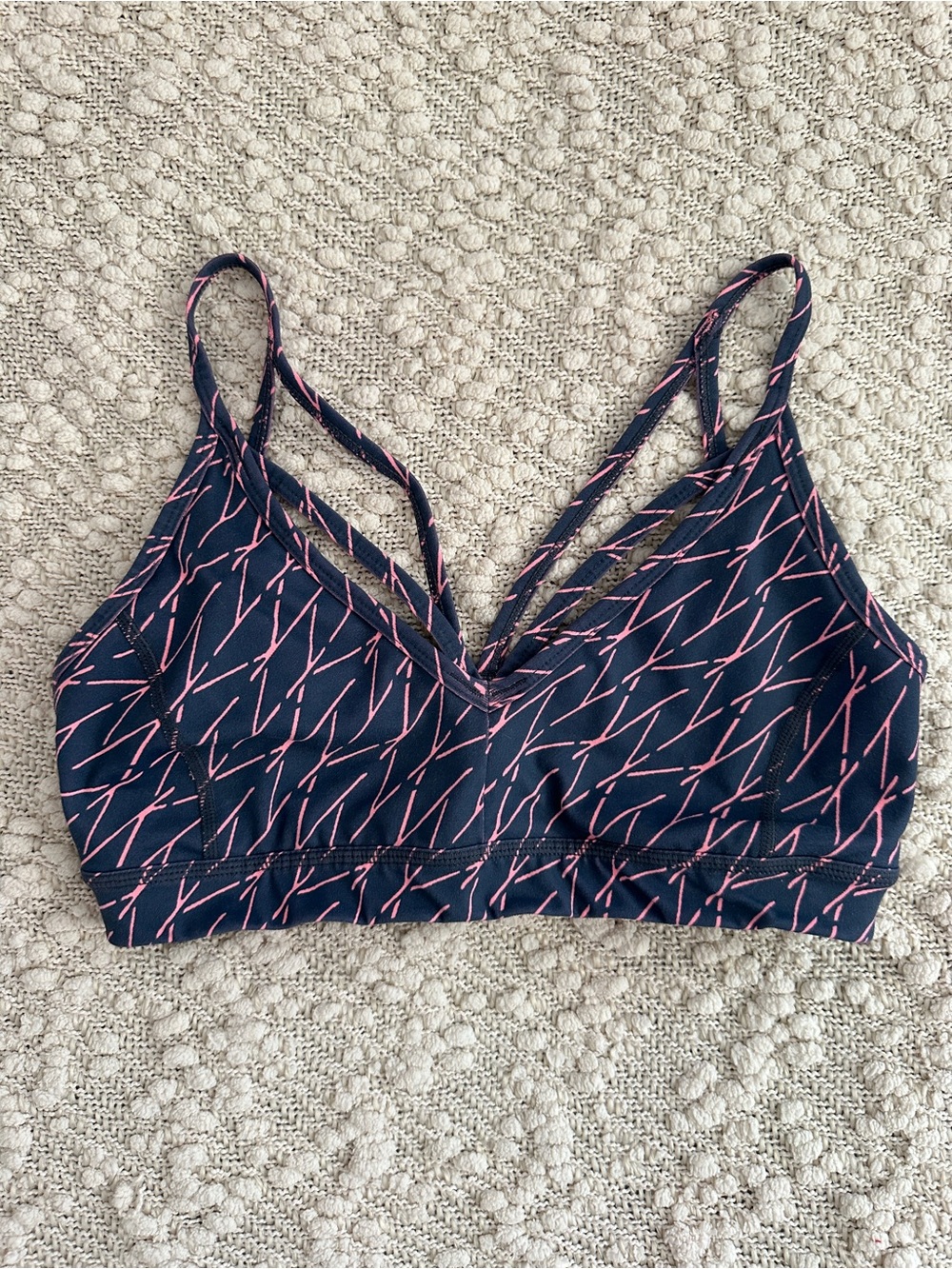 Zella Strappy V-Neck Active Sports Bra Pink Gray Graphic Small
